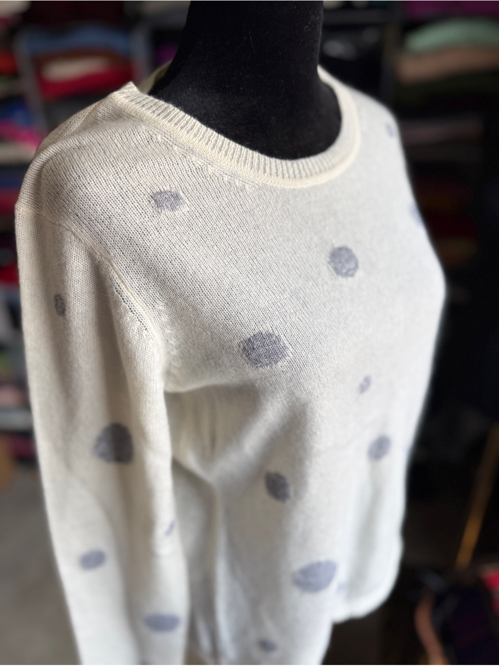 Cream Polka Dot Crewneck Cashmere Sweater - Women's